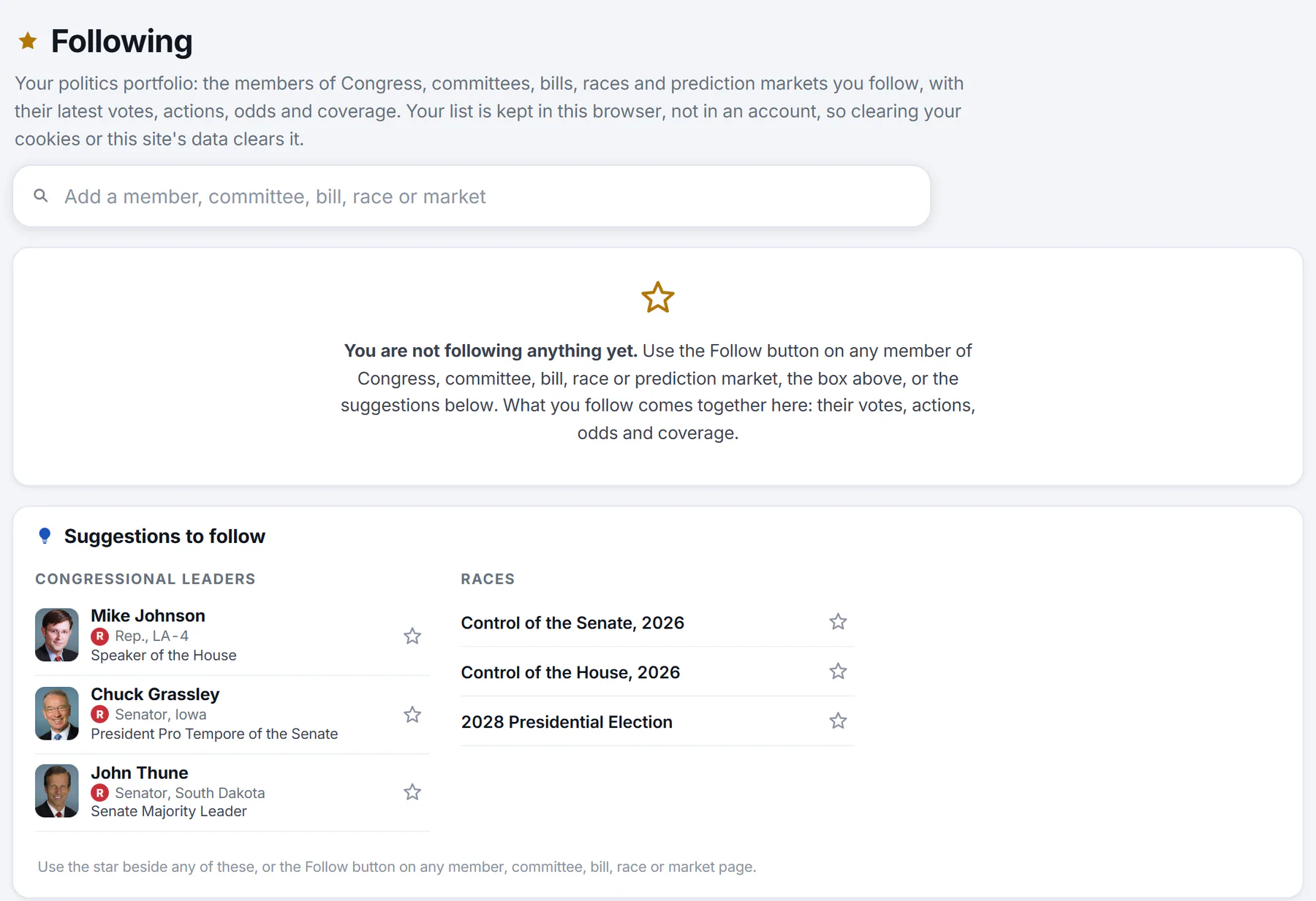 The Following page before anything is followed: a box to find something to follow, a message that nothing is followed yet, and a card of suggestions with members, races, bills, committees and markets, each with a star